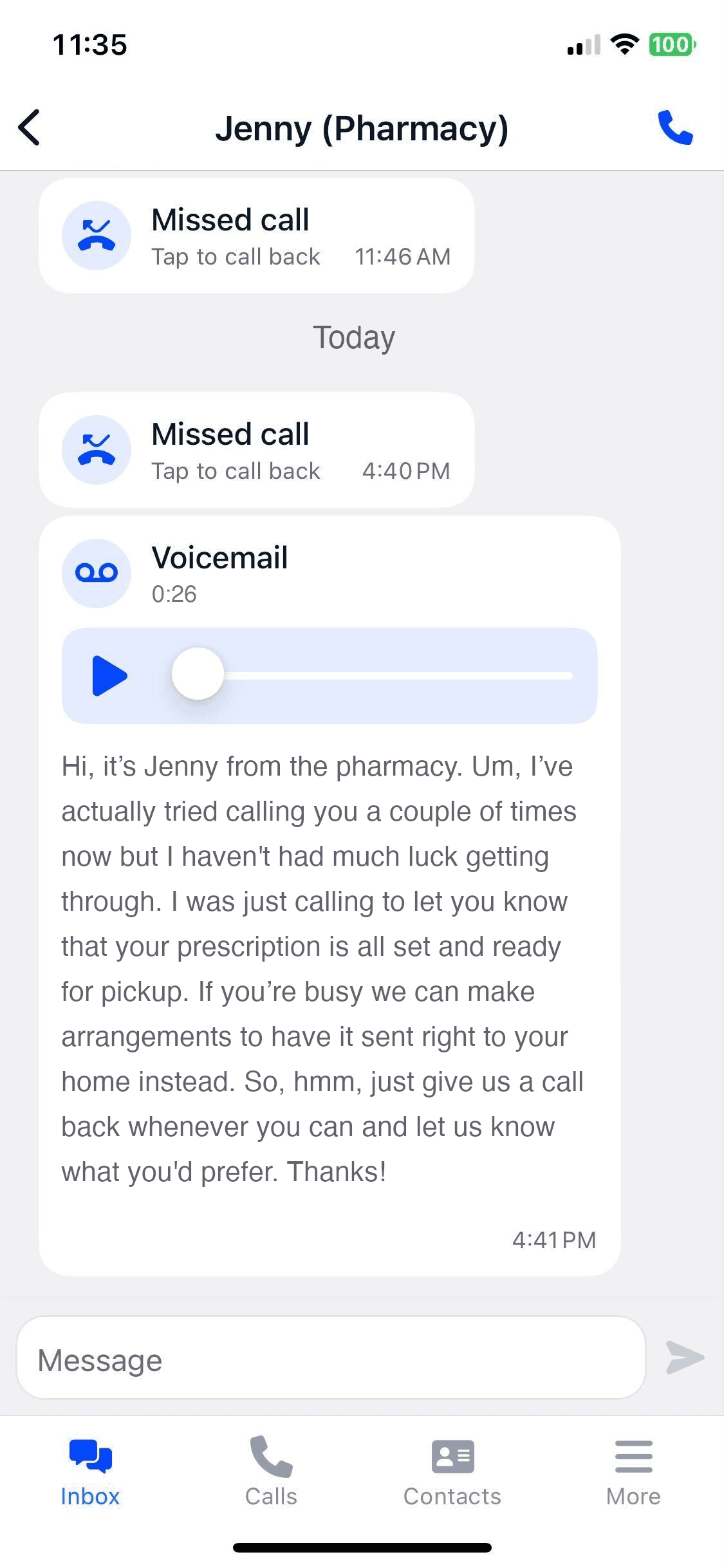 Mobile app showing voicemail transcripts