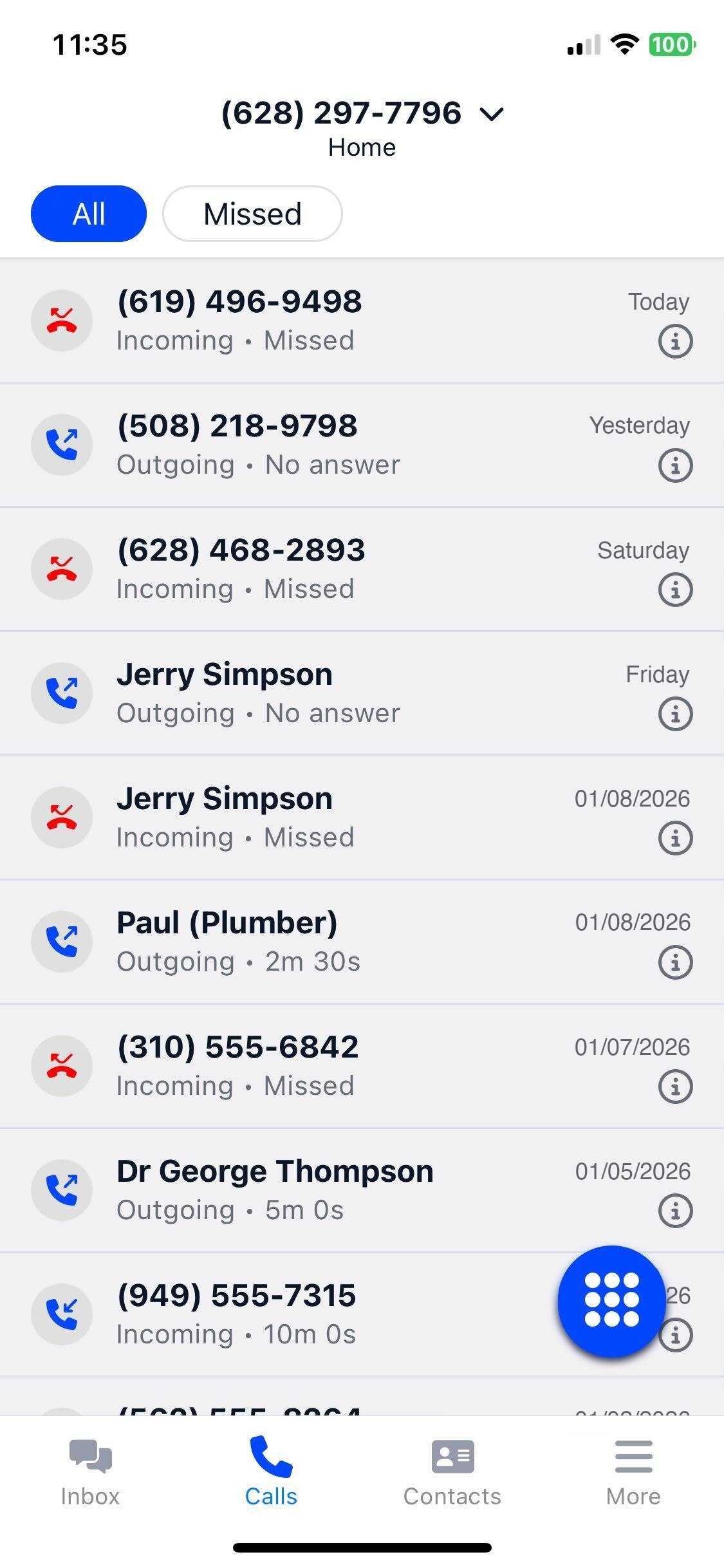 Mobile app showing call history and monitoring