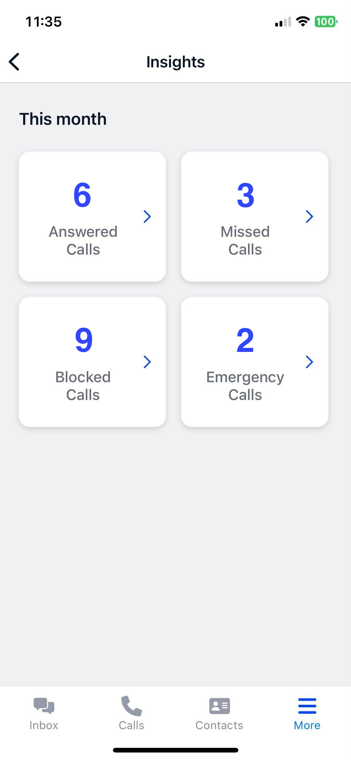 Mobile app showing call activity insights and statistics