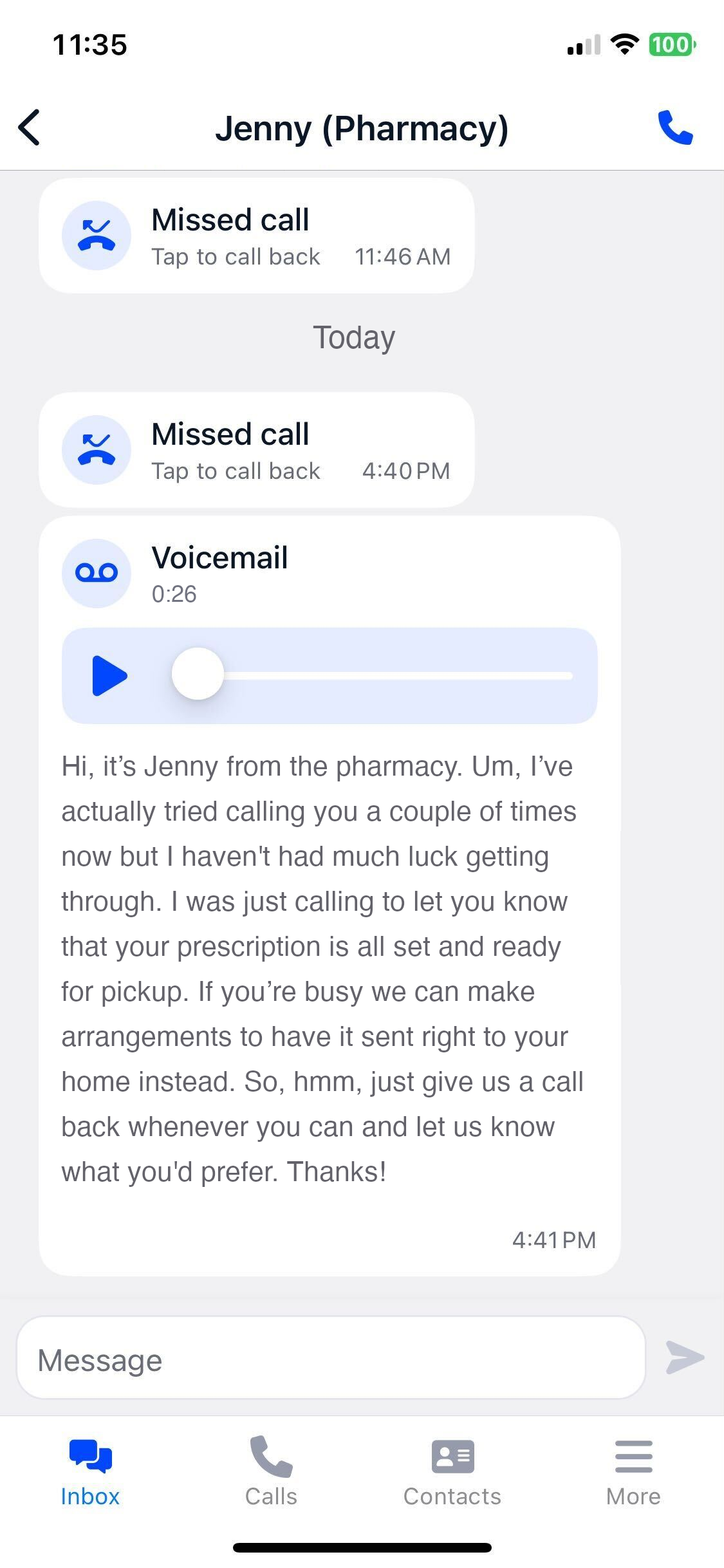 Mobile app showing voicemail transcripts