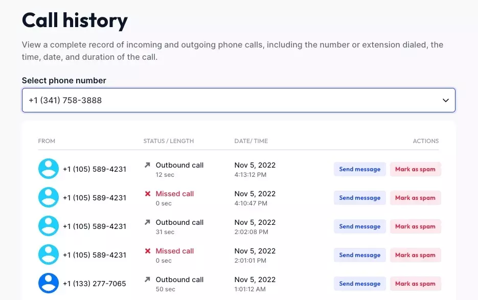 An image of Community Phone landline call history example page